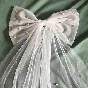 Elegant White Tulle Bow with Pearls